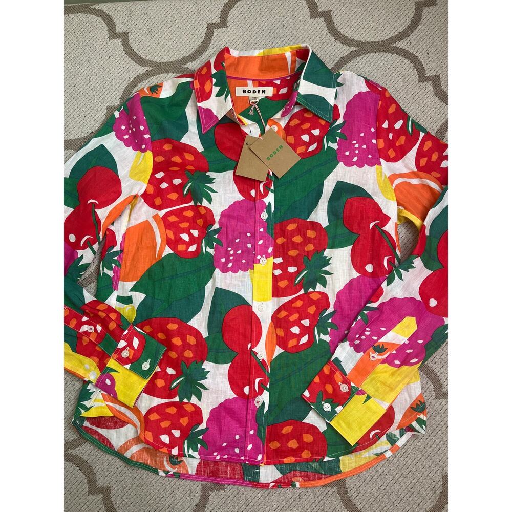 Boden Linen Strawberry Raspberry Fruit Print Button Down Shirt Size 4 NWT - Picture 10 of 13